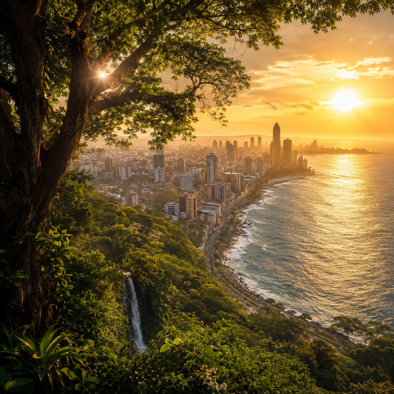 海、森、都市、熱波が重なる地球の風景