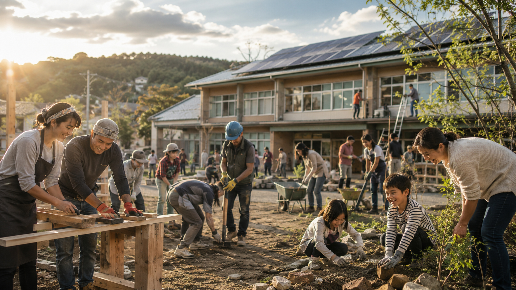 人々が町で太陽光と水設備を整える共同作業の場面