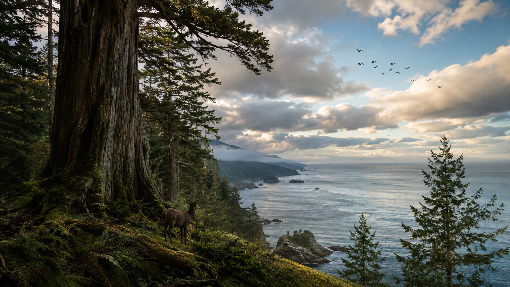 森、海、雲、野生動物が重なる生きている地球の風景