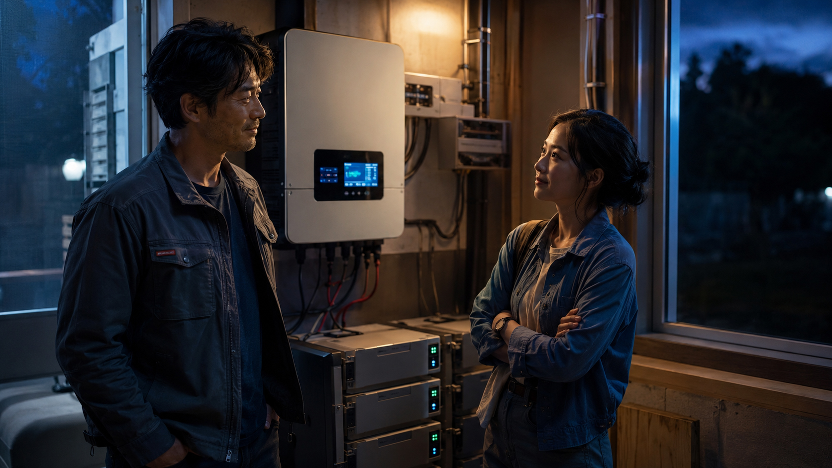 蓄電池室の柔らかい灯りの中で信頼し始めるヒロとアオイ