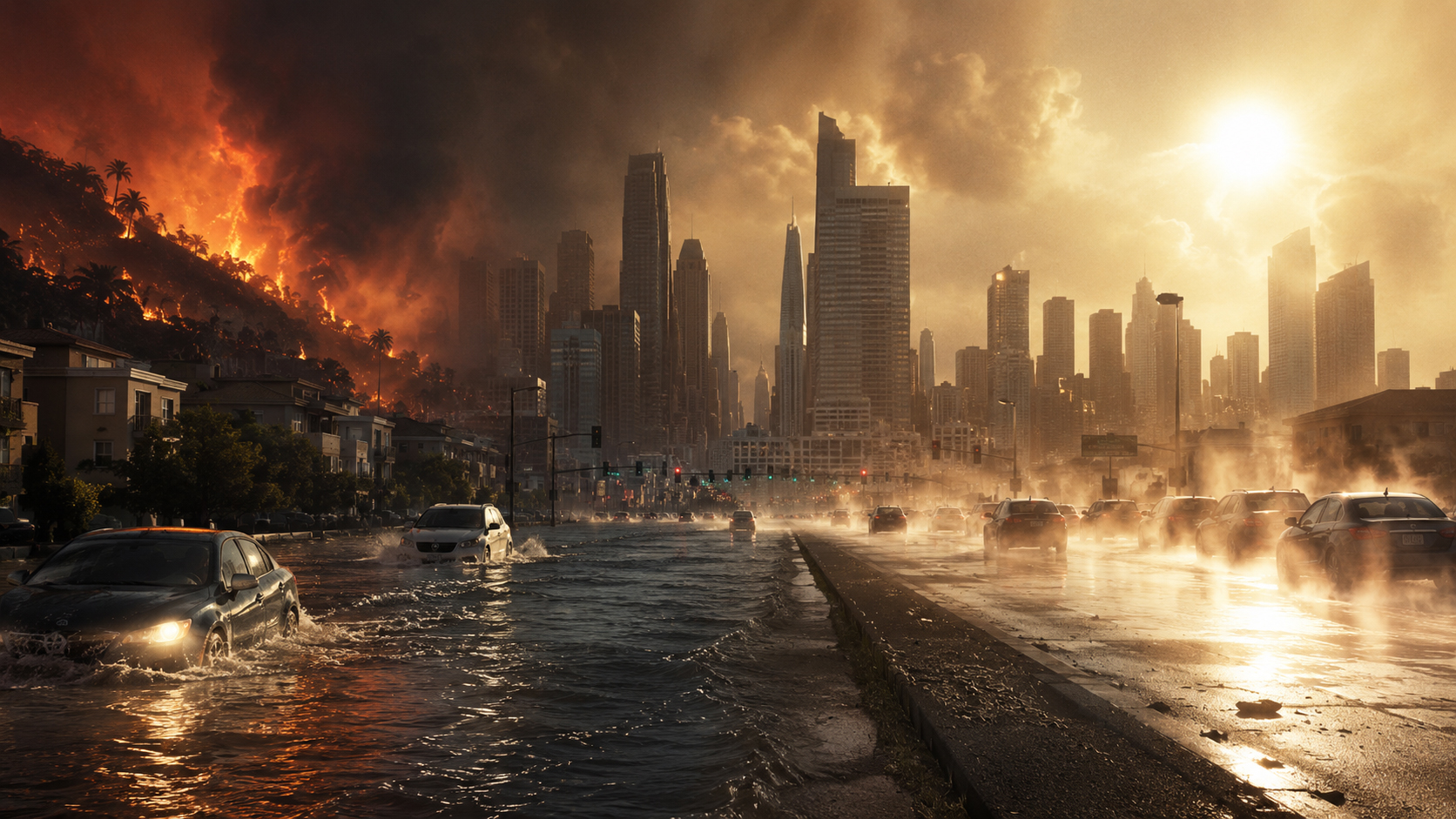 火災、洪水、都市の熱が重なる壊れた天気の映画的風景
