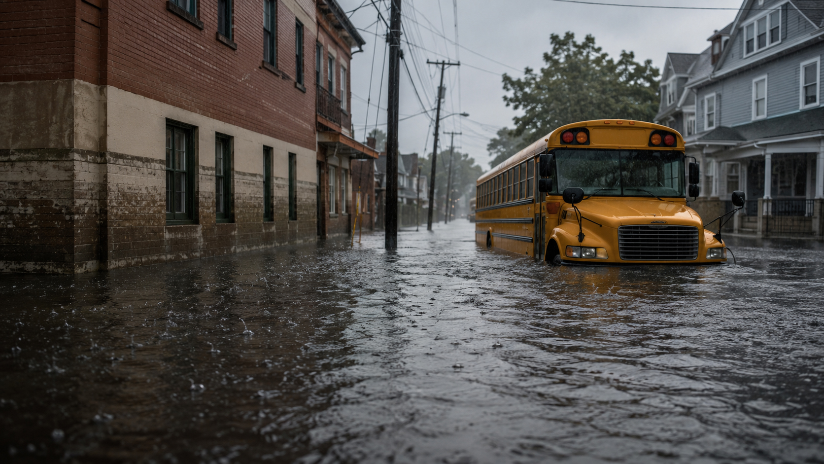 洪水で冠水した道路と学校バス、雨の水位線