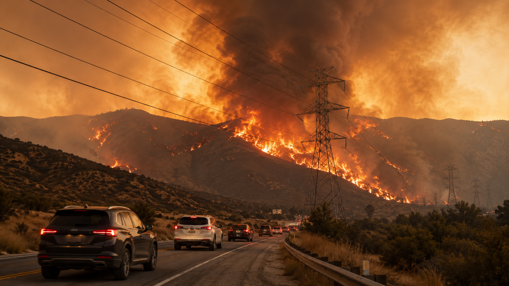 山火事、送電線、避難道路が重なる危機の風景