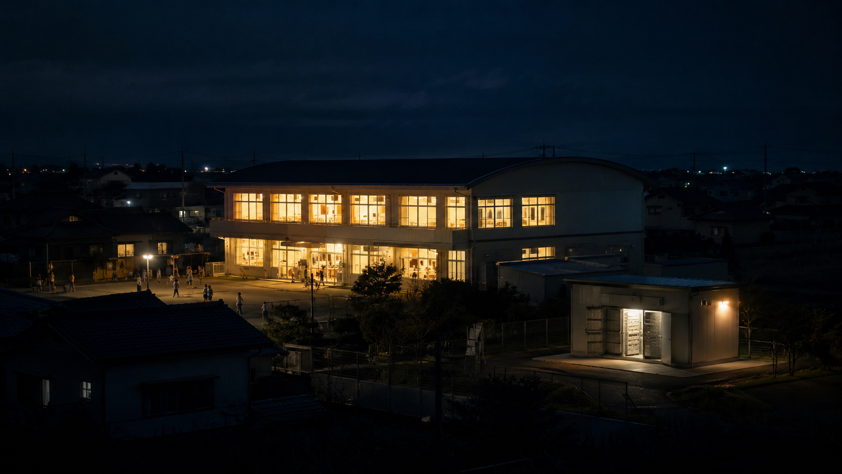停電後の夜に学校を照らす蓄電池の光