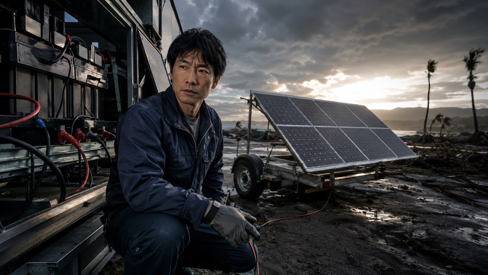 嵐の夜に蓄電池と太陽光設備を確認するヒロ