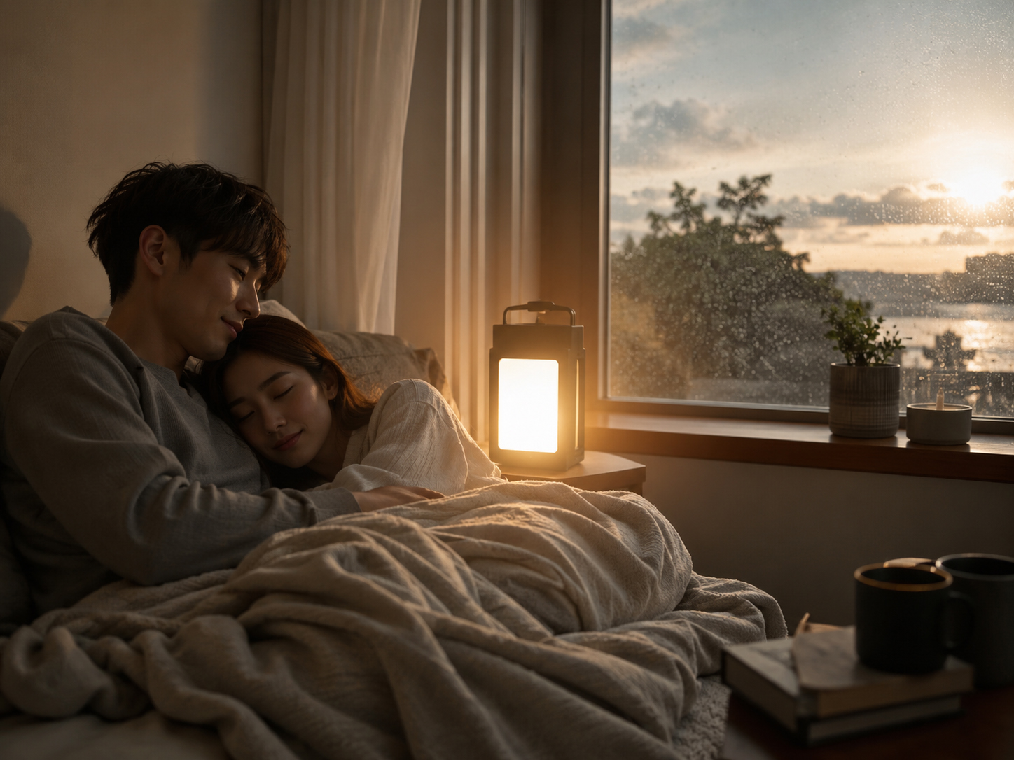 キスのあと、夜明け前の窓辺で蓄電池の灯りを見る二人