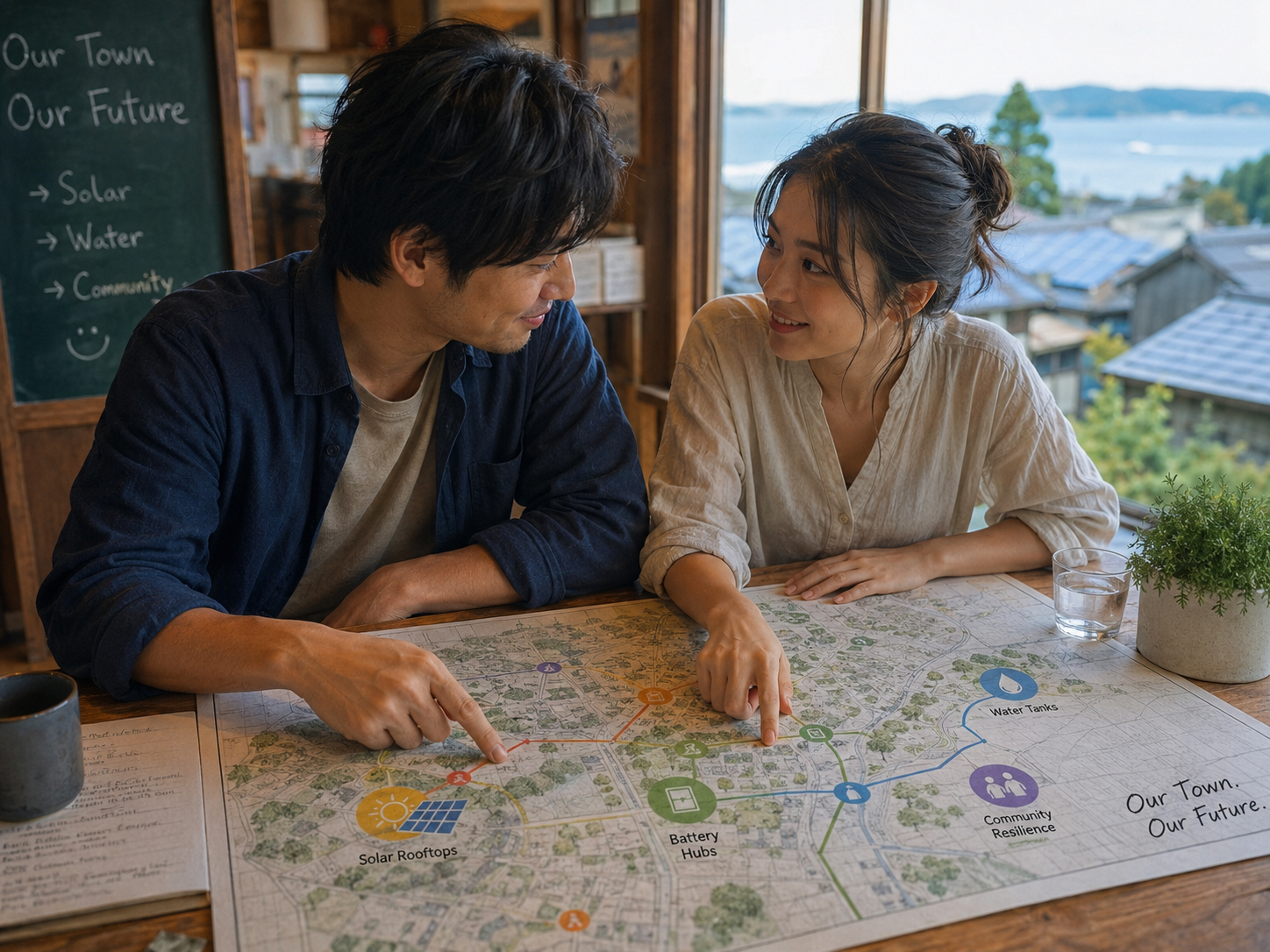 二人が同じ町の地図に太陽光と水の計画を書き込む場面