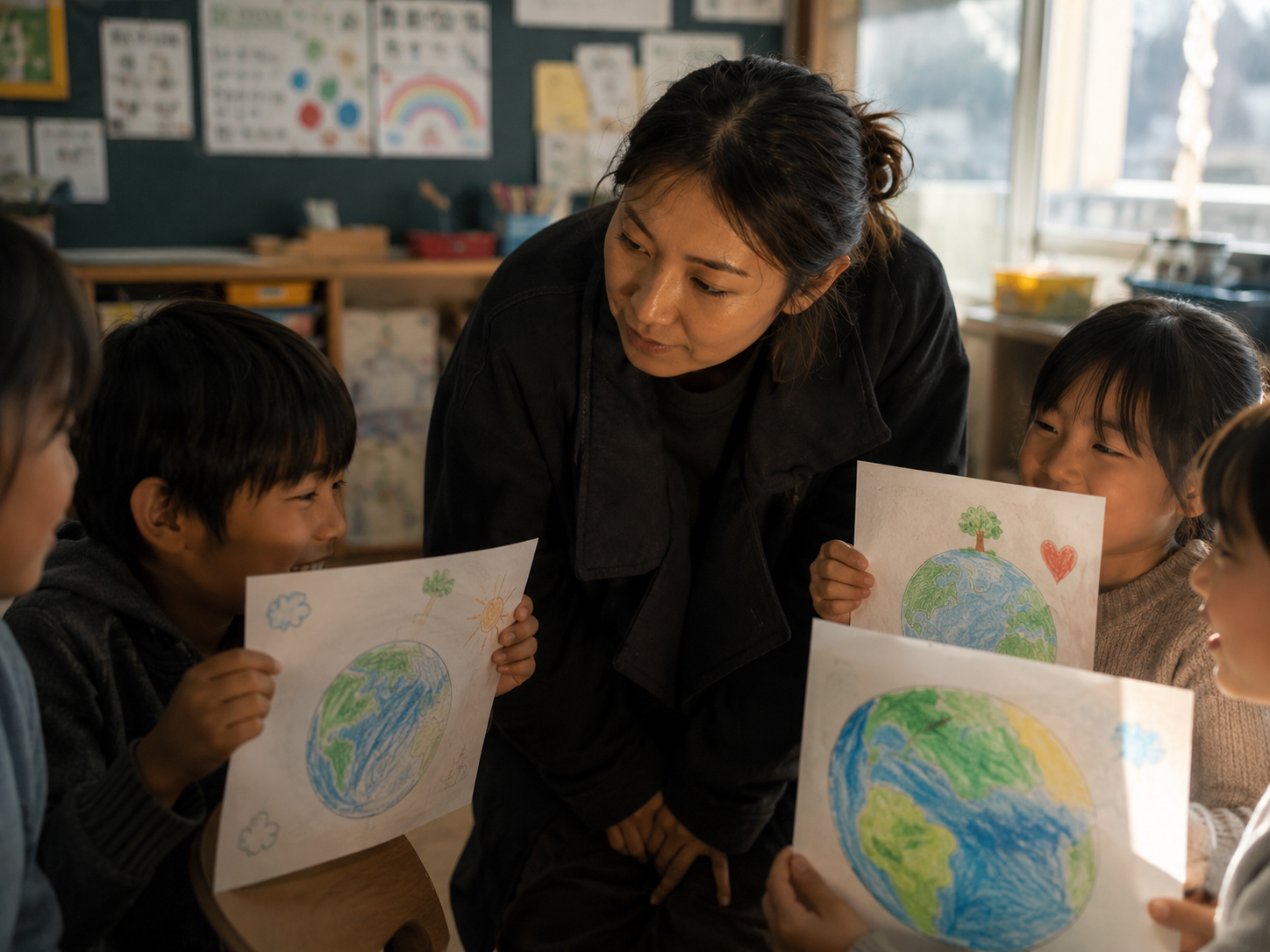 子どもたちが描いた地球の絵を撮るアオイ