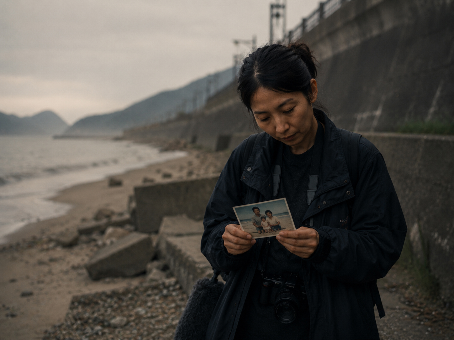 アオイの過去を暗示する失われた浜辺と古い家族写真