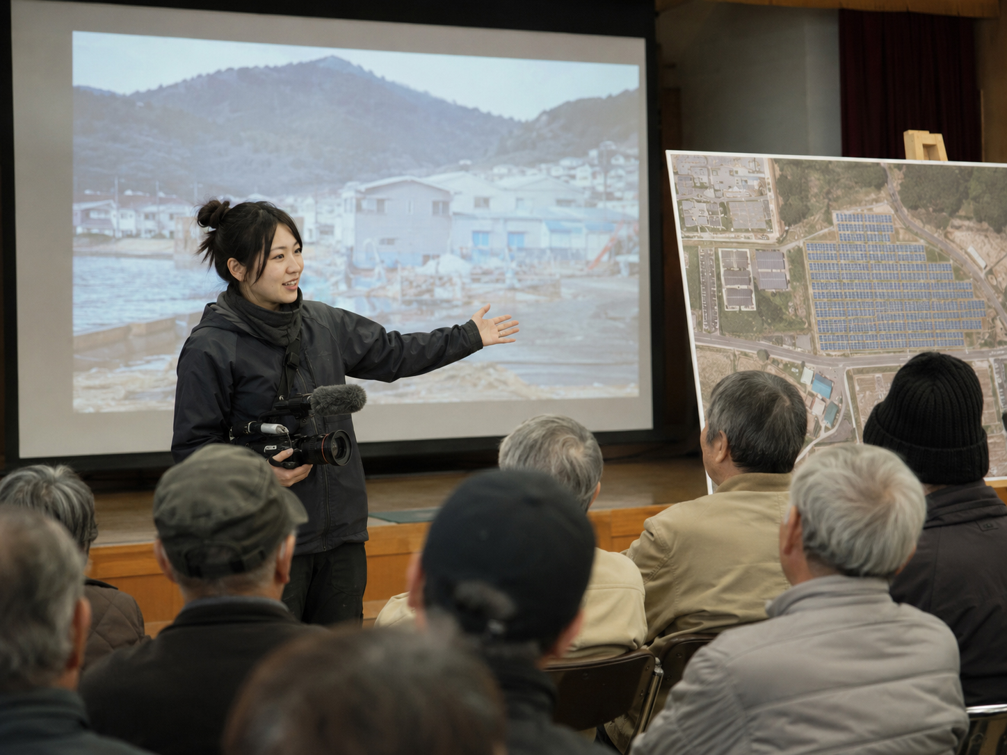 町の会議で映像と太陽光計画を見せるアオイ