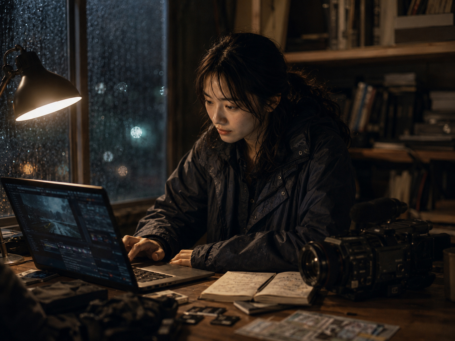 雨の夜、アオイが停電の映像を編集している場面