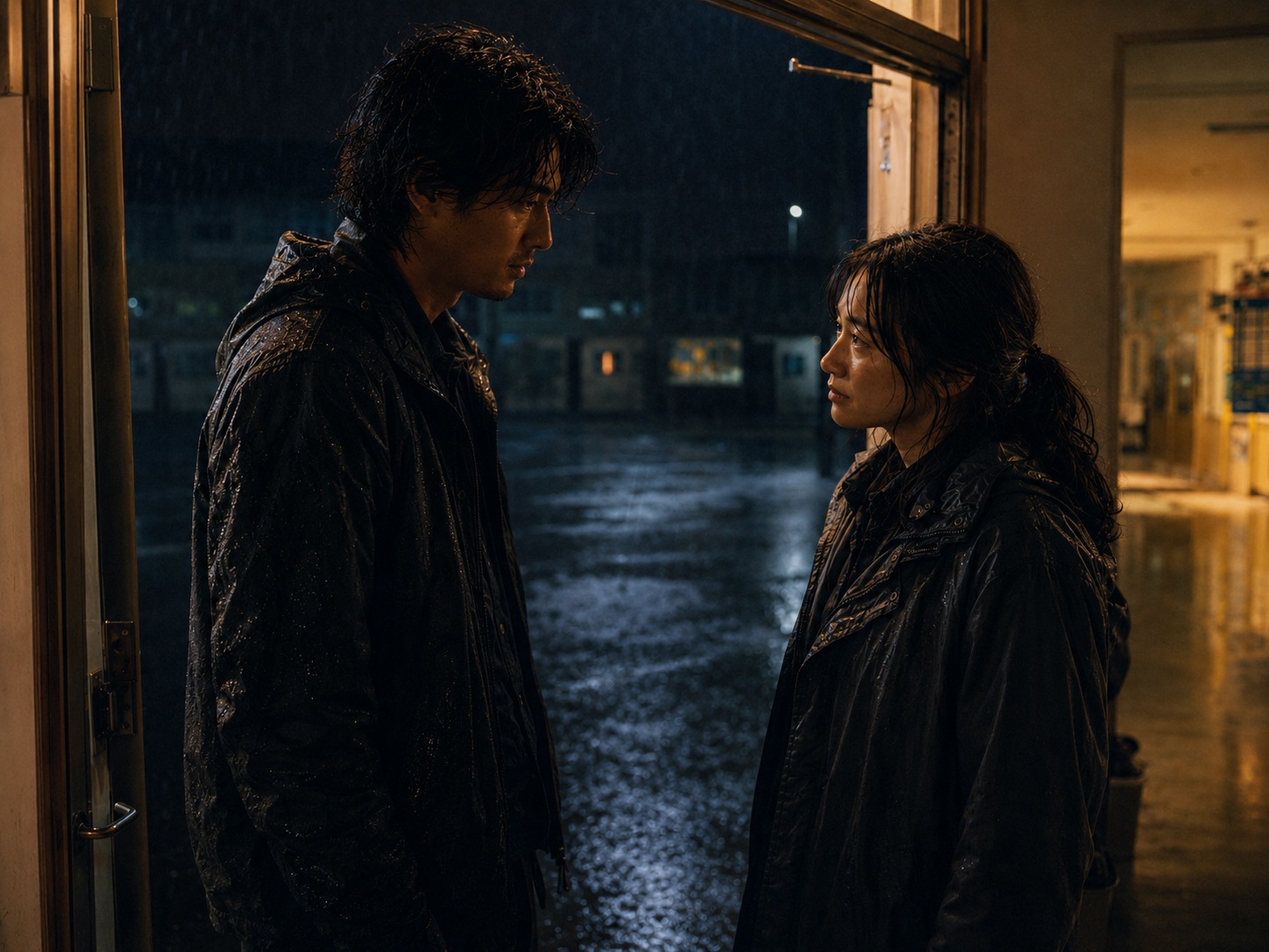 雨の廊下で最後に振り返るヒロとアオイ