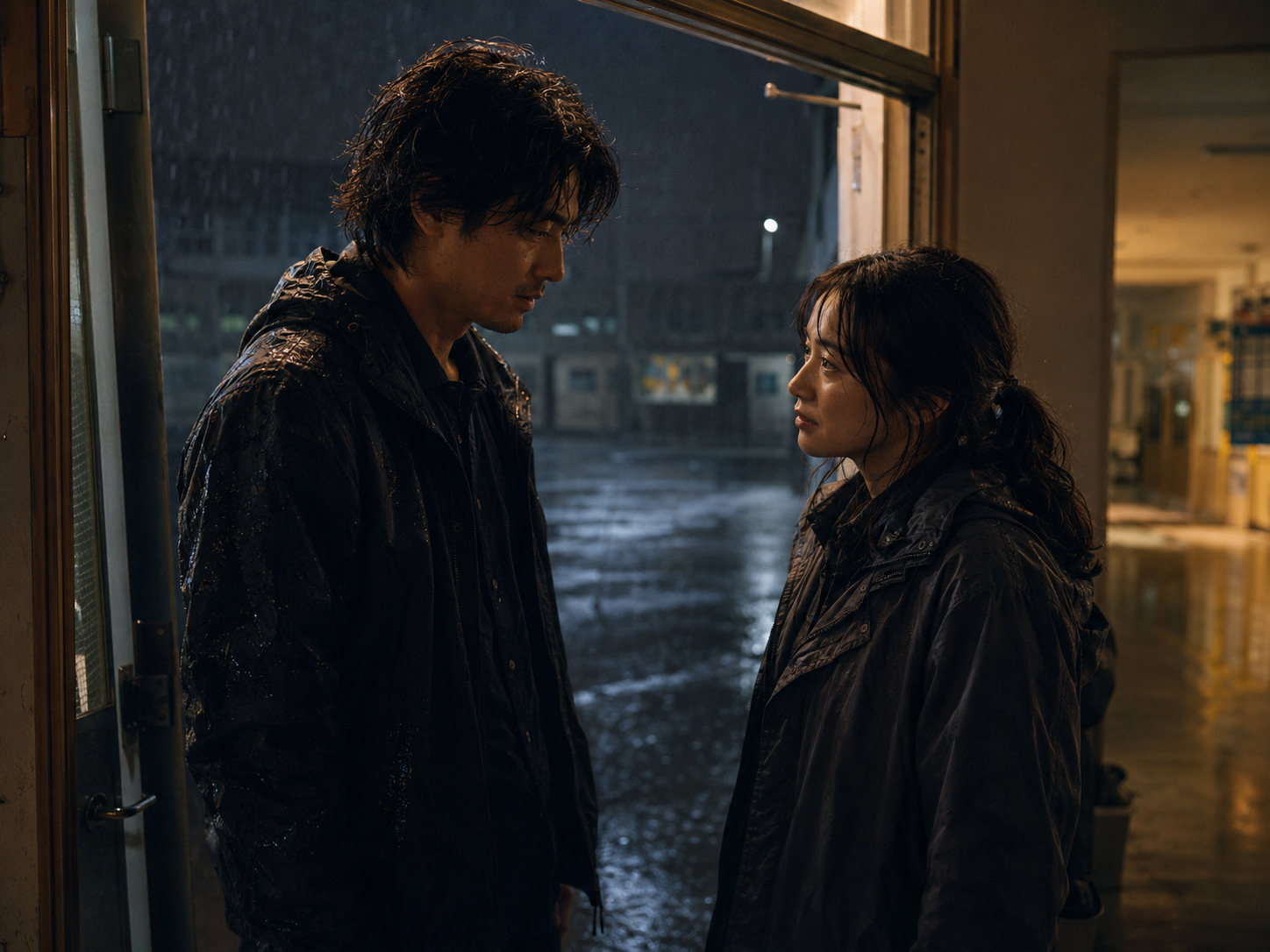 雨の廊下の入口で向き合うヒロとアオイ