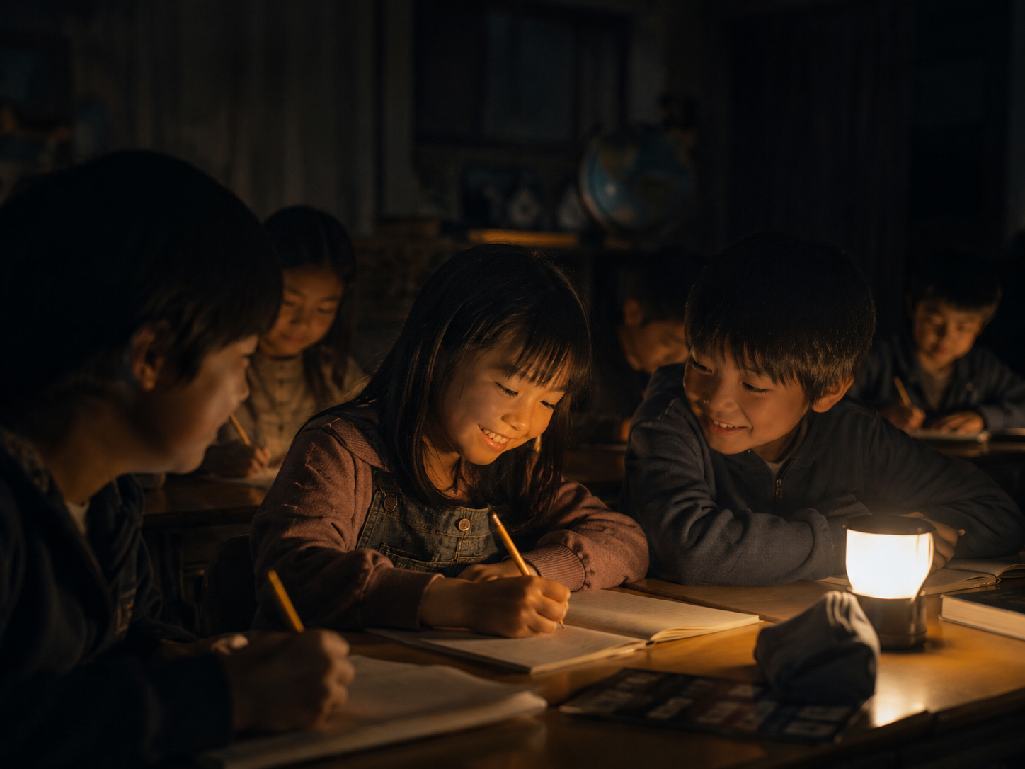 停電した教室に柔らかいバッテリーライトが戻る場面