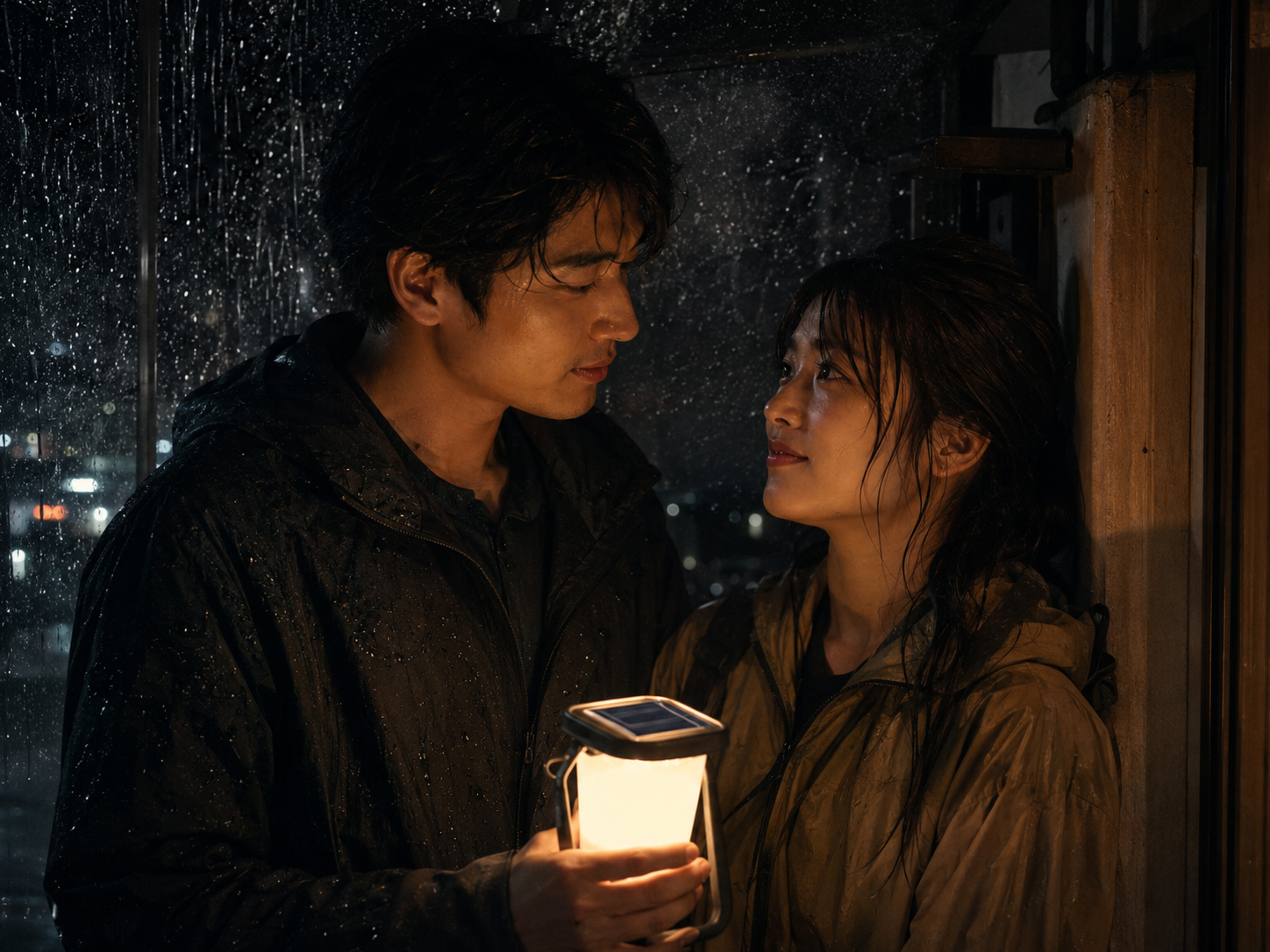 恋物語の部屋、停電の夜と太陽光の灯りの中に立つ二人