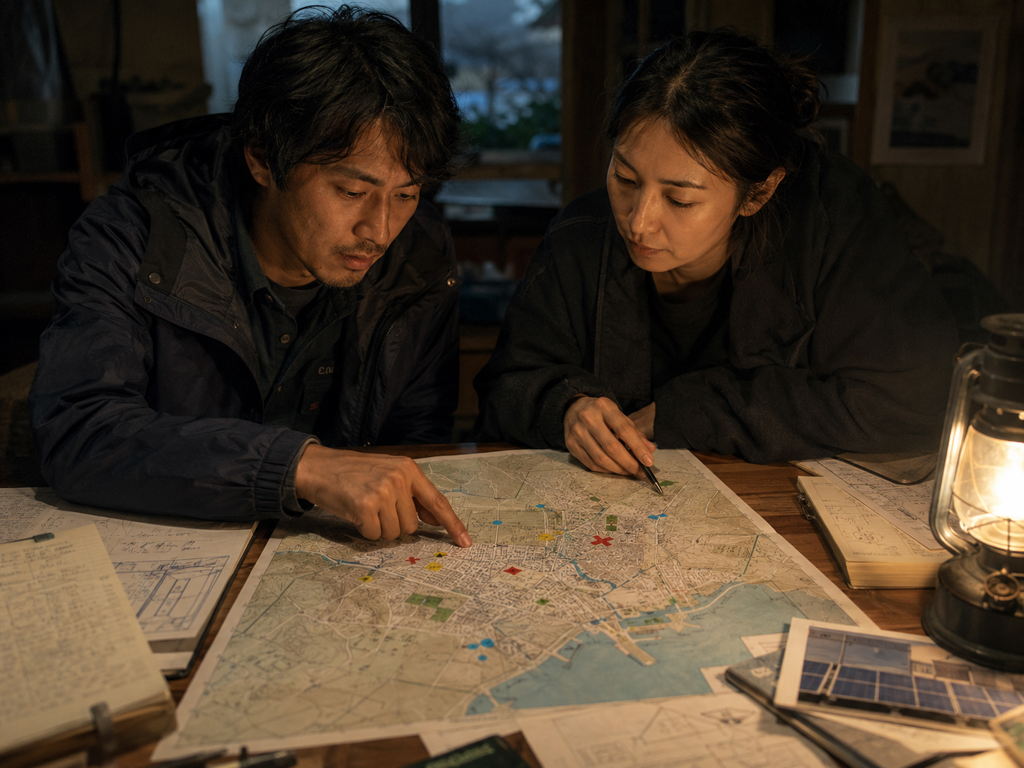 ヒロとアオイが町の負荷地図を一緒に見る場面