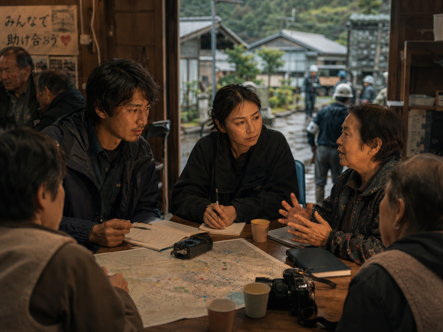 アオイが町の人々の話を聞く横で耳を傾けるヒロ