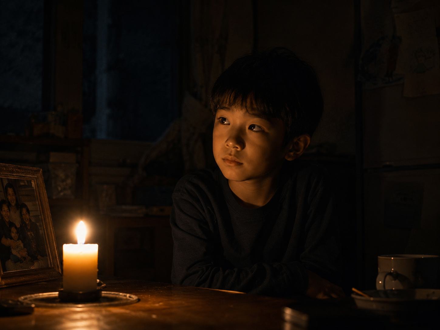 ヒロの過去を暗示する停電した家と一本のろうそく
