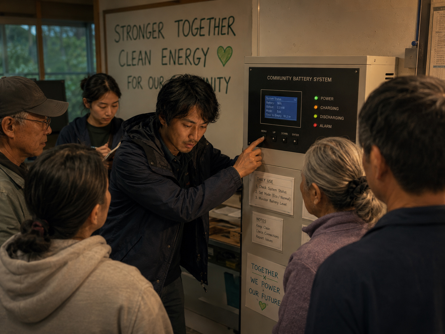 地域の人々に蓄電池の操作を教えるヒロ