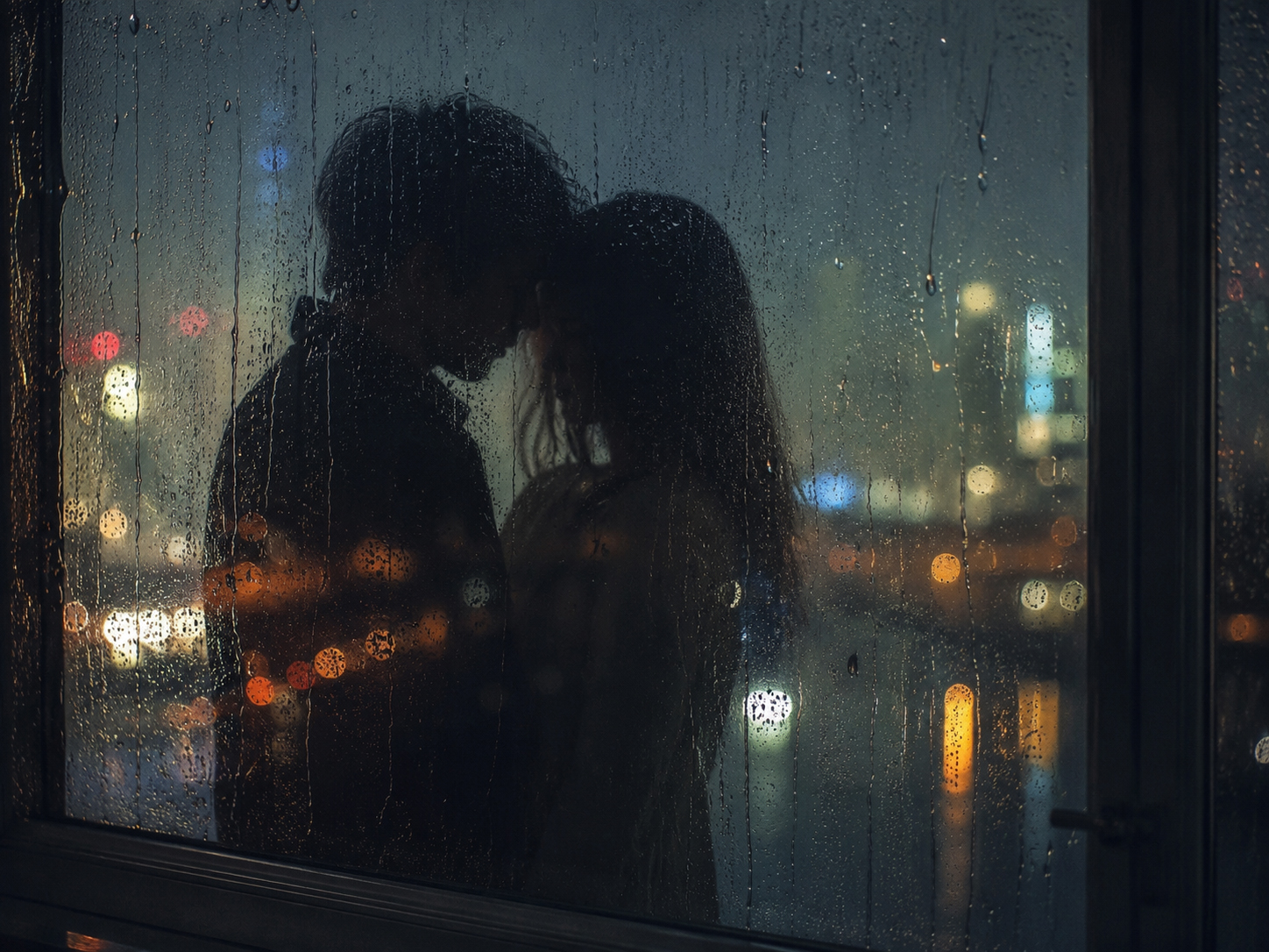 雨の窓に映る二人の影