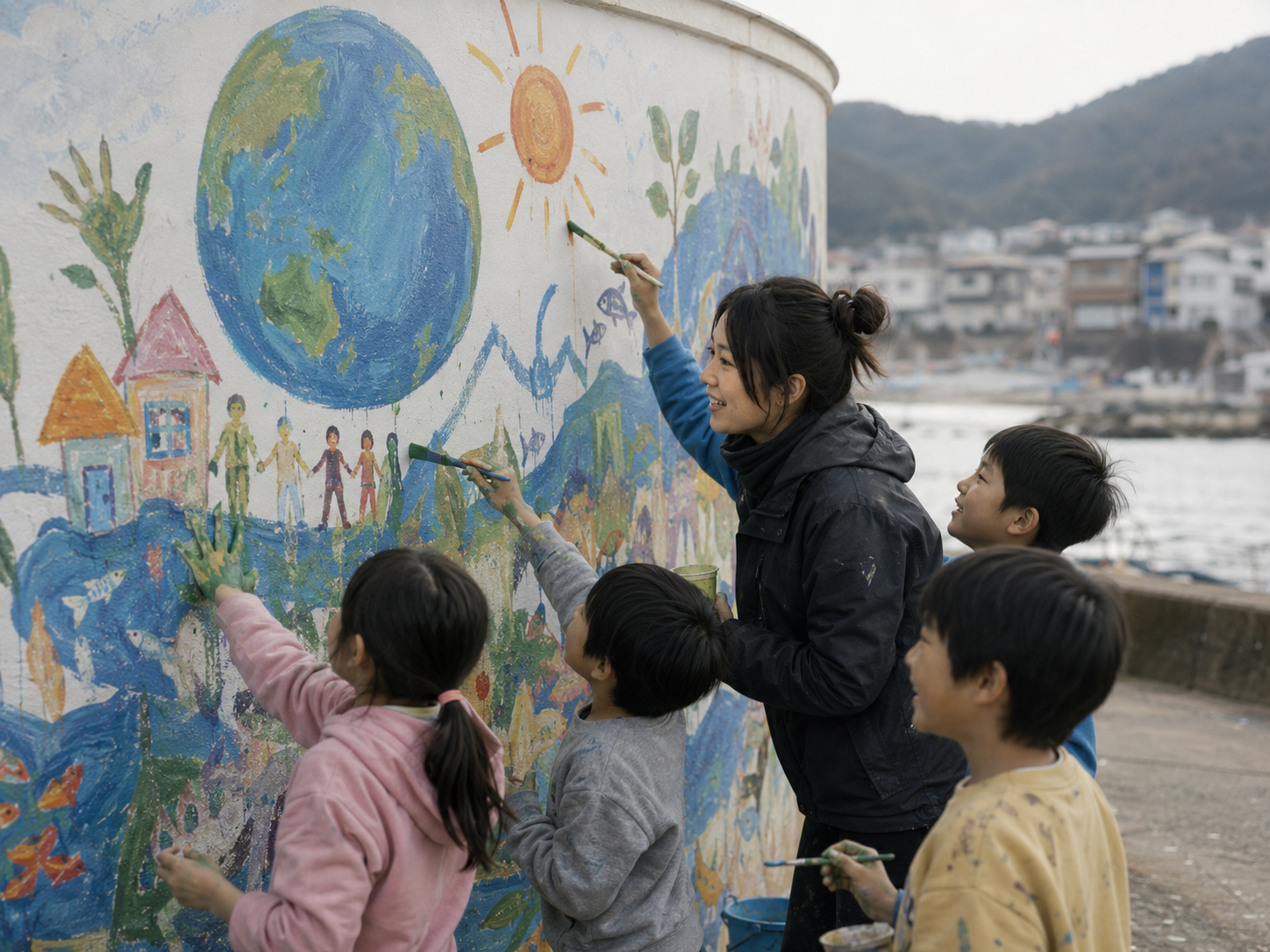 太陽光ランプの下で手紙を書く夜の場面