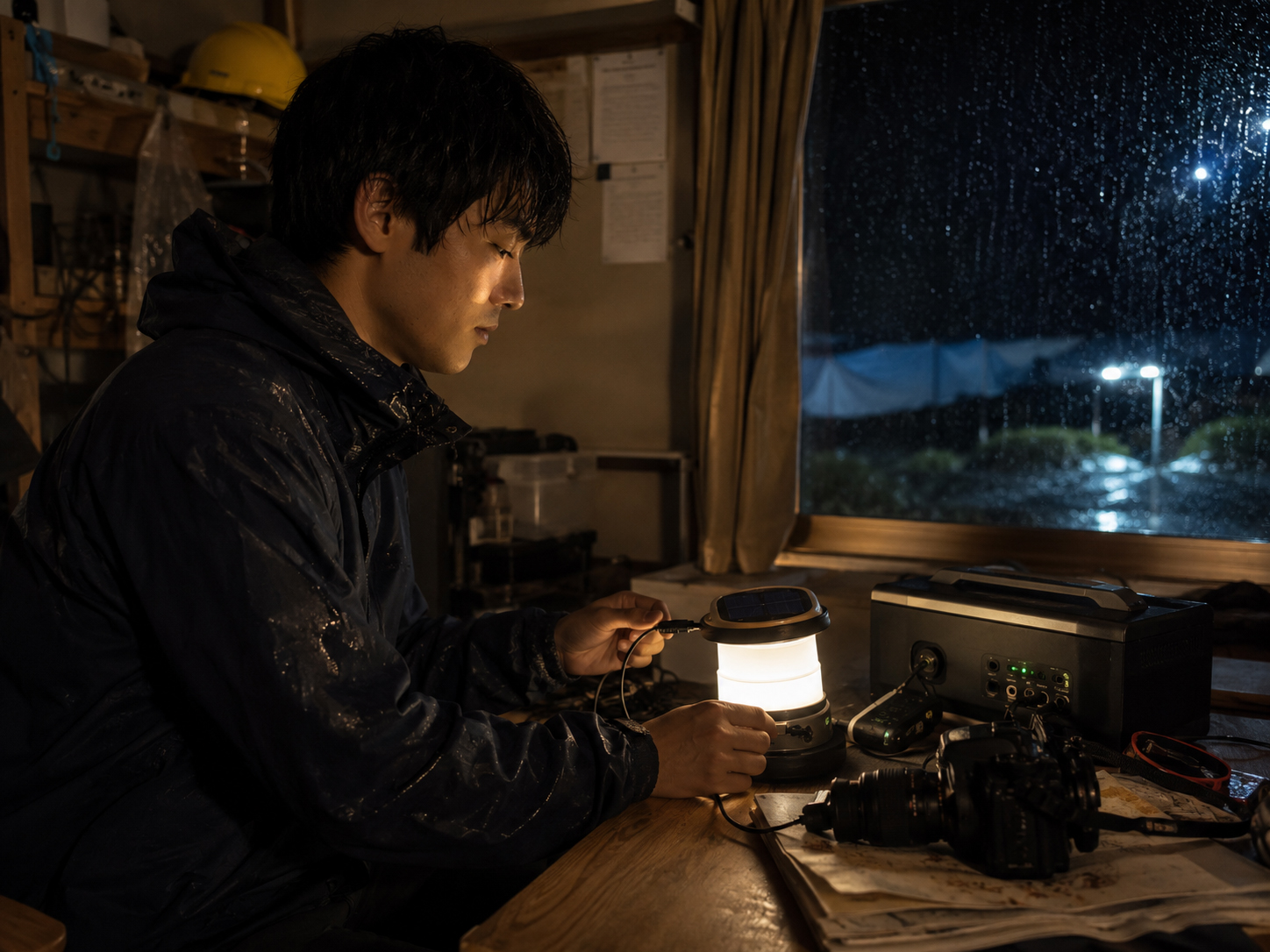 ヒロが黙ってアオイの太陽光ランプを充電している場面