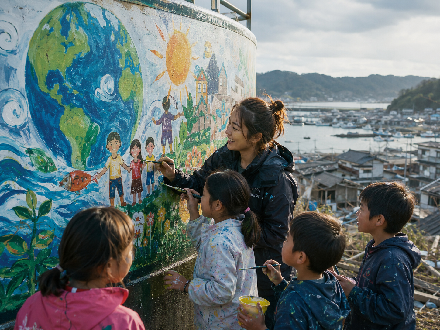 水タンクの壁画と子どもたち、町から未来への手紙
