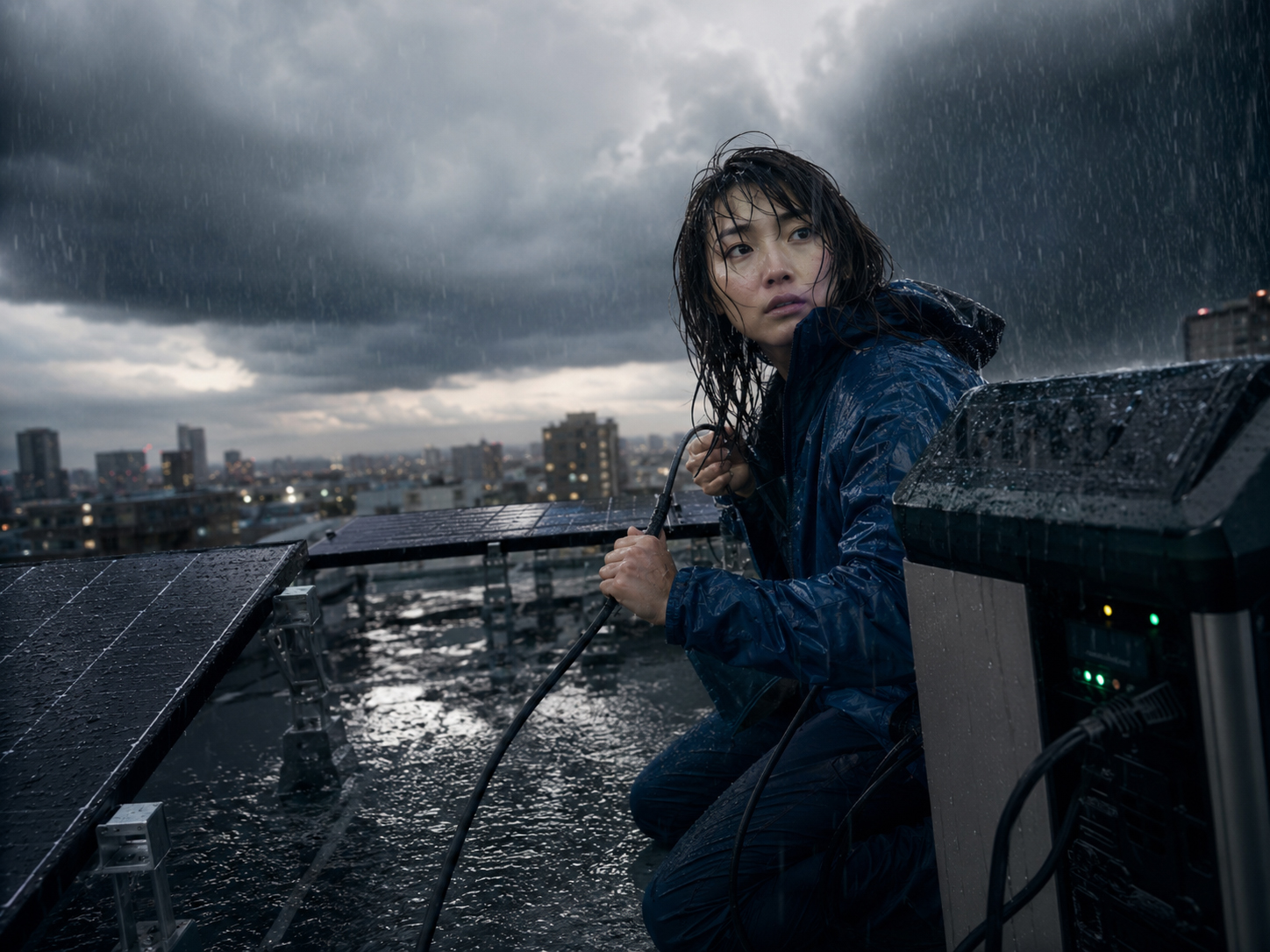 雨の屋上でアオイがケーブルを押さえる場面
