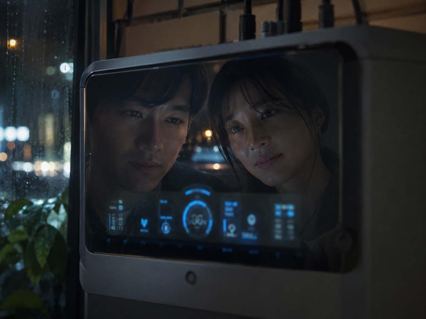 蓄電池の画面に映る二人の顔