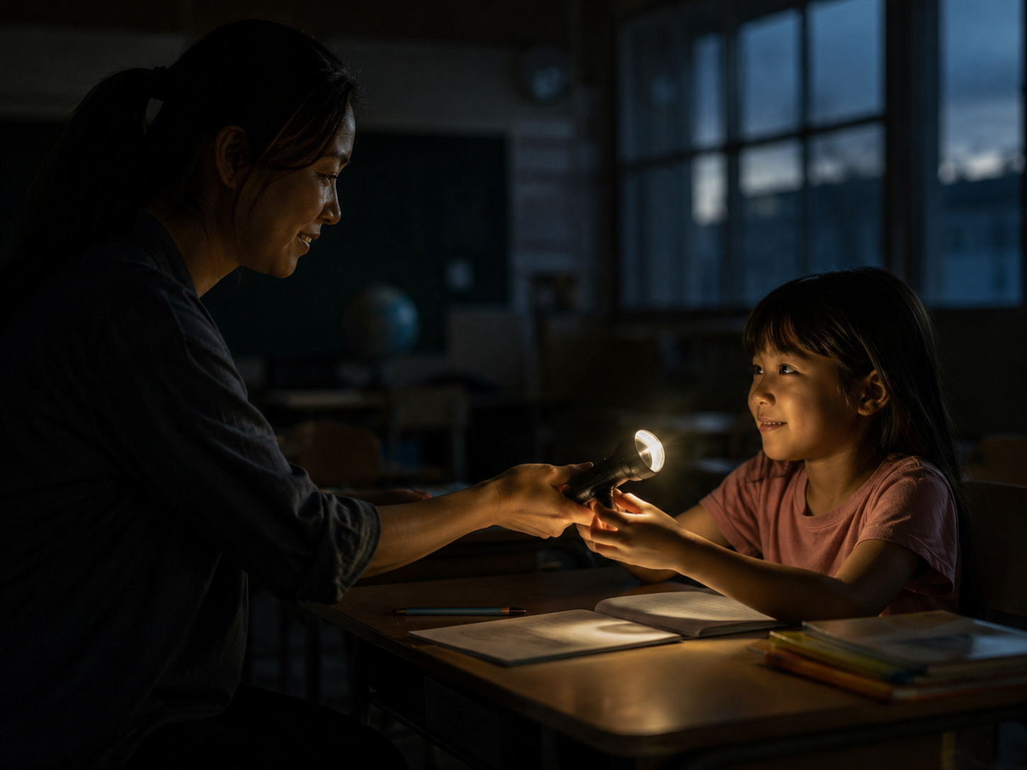 教室で子どもに懐中電灯を渡す場面