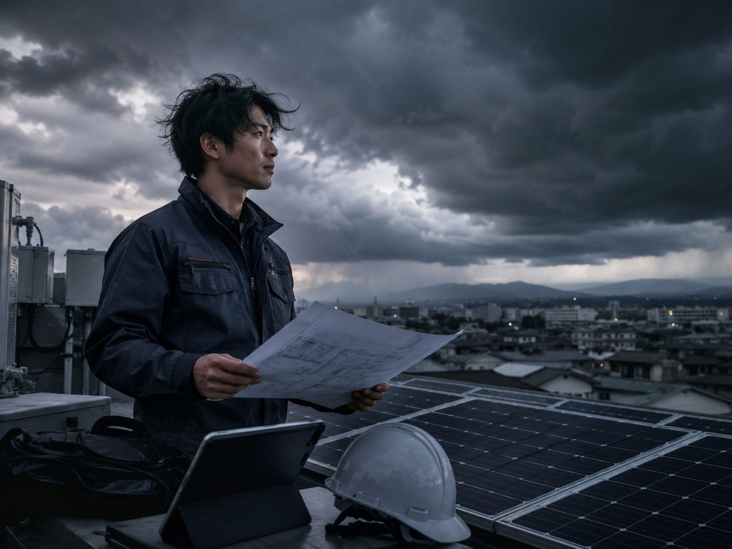 嵐の前の屋上で太陽光の計画を見るヒロ