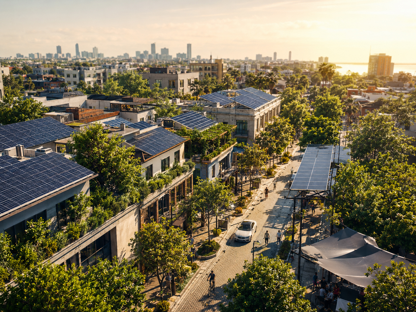 屋根、木陰、熱、太陽光がある都市の風景