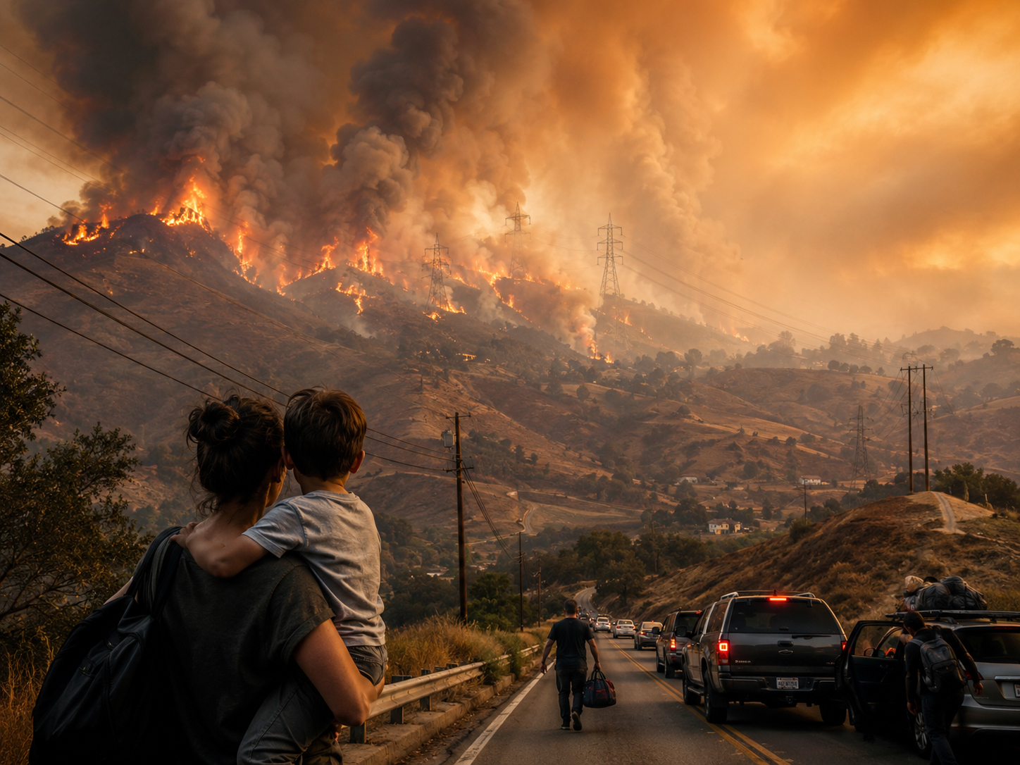 山火事、送電線、避難道路が重なる火災リスクの風景