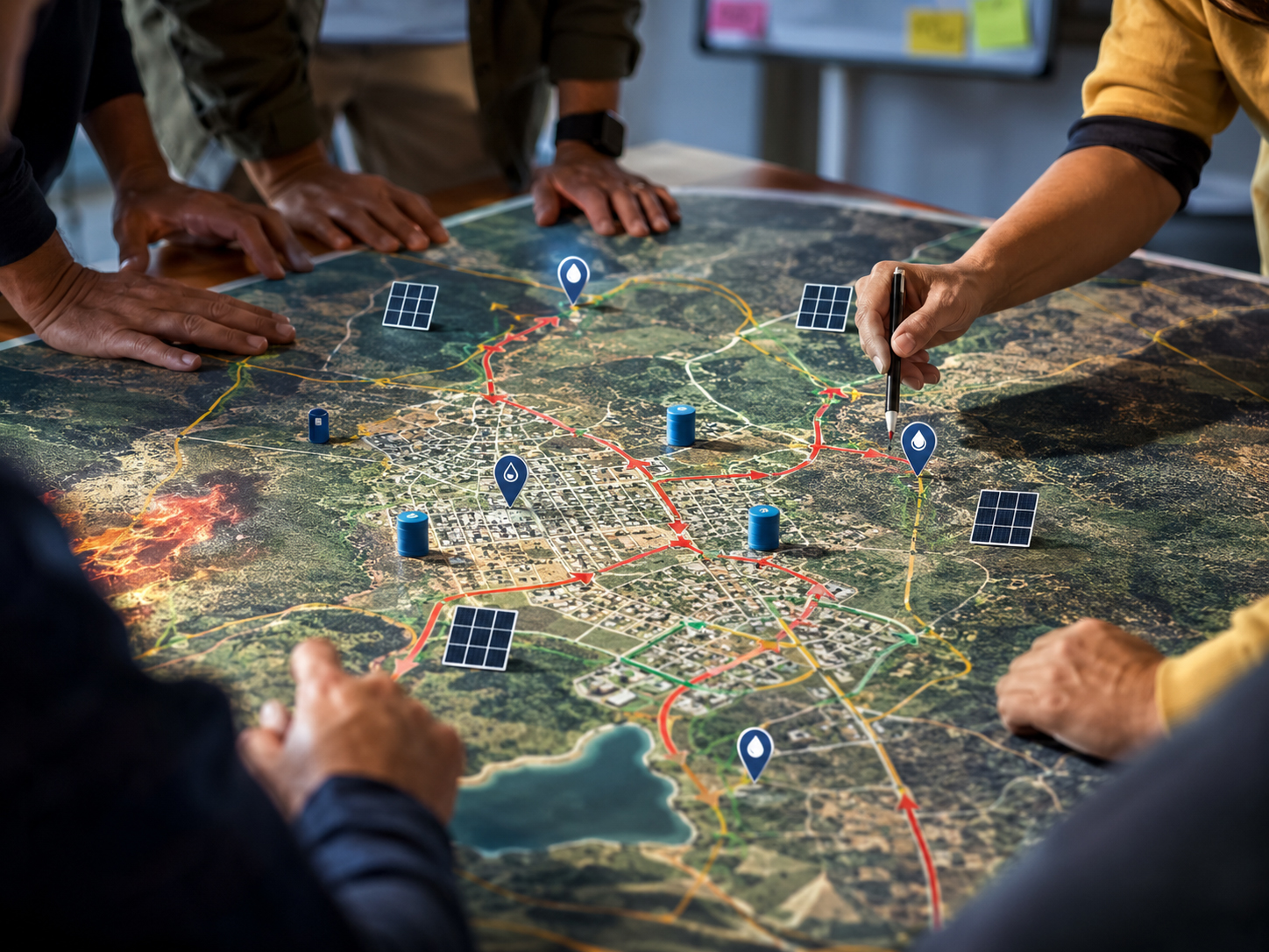 太陽光、水、避難路を組み込んだ火災に強い町の地図