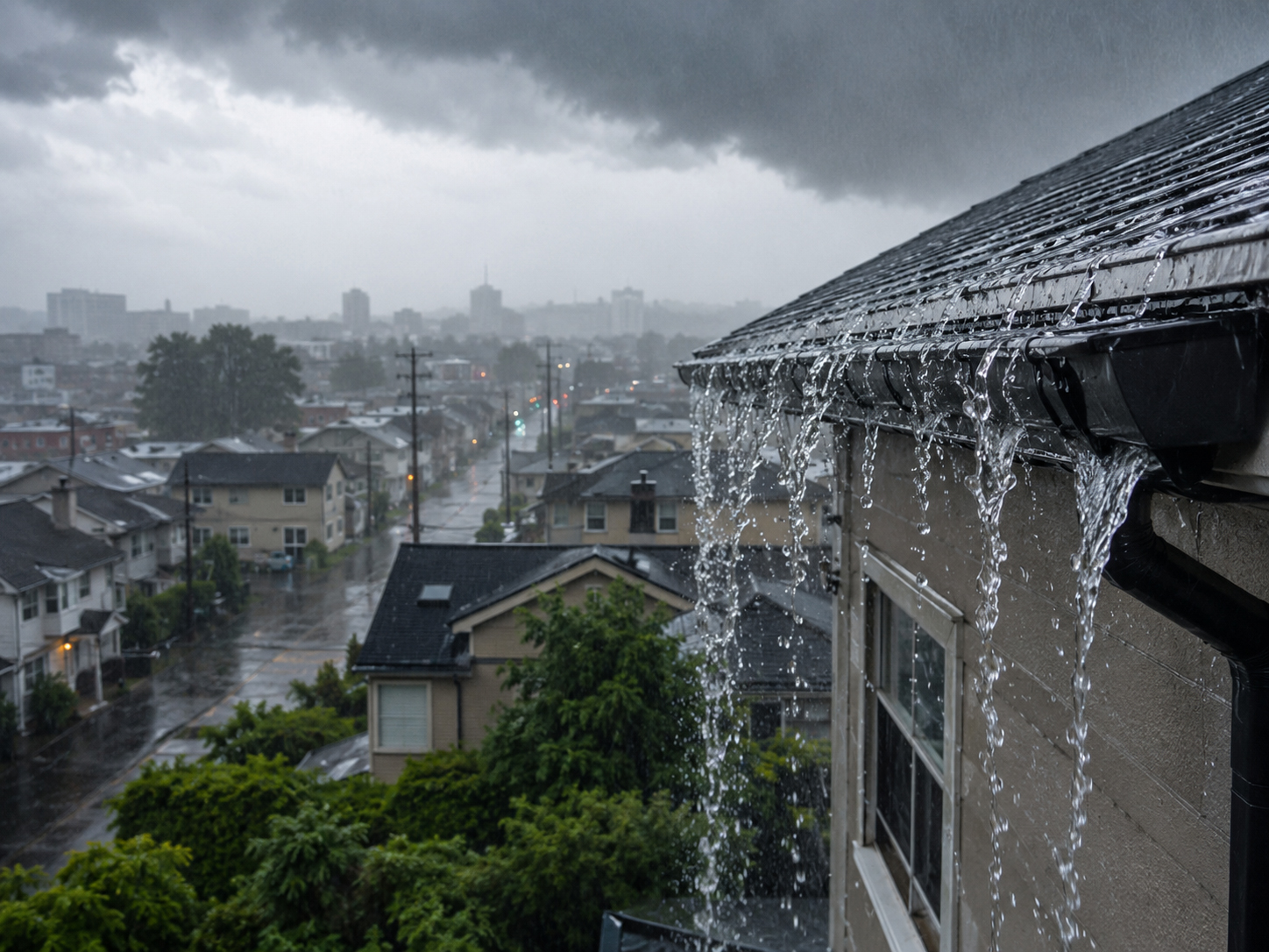 豪雨で屋根と雨どいからあふれる水