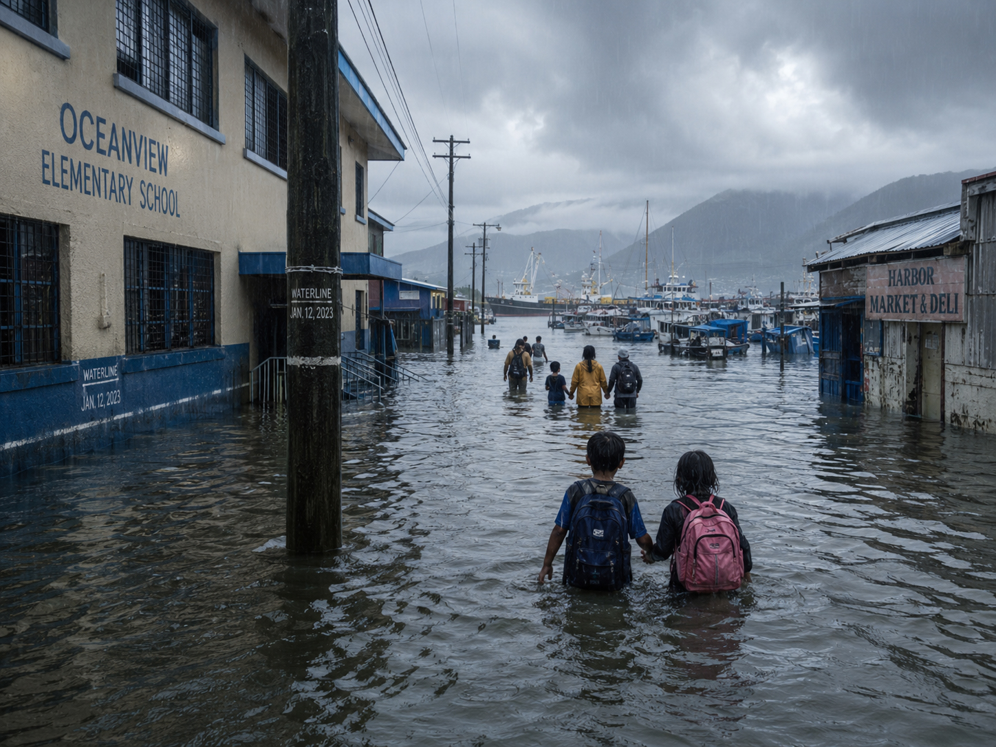 大雨で浸水した道路、学校、港の風景