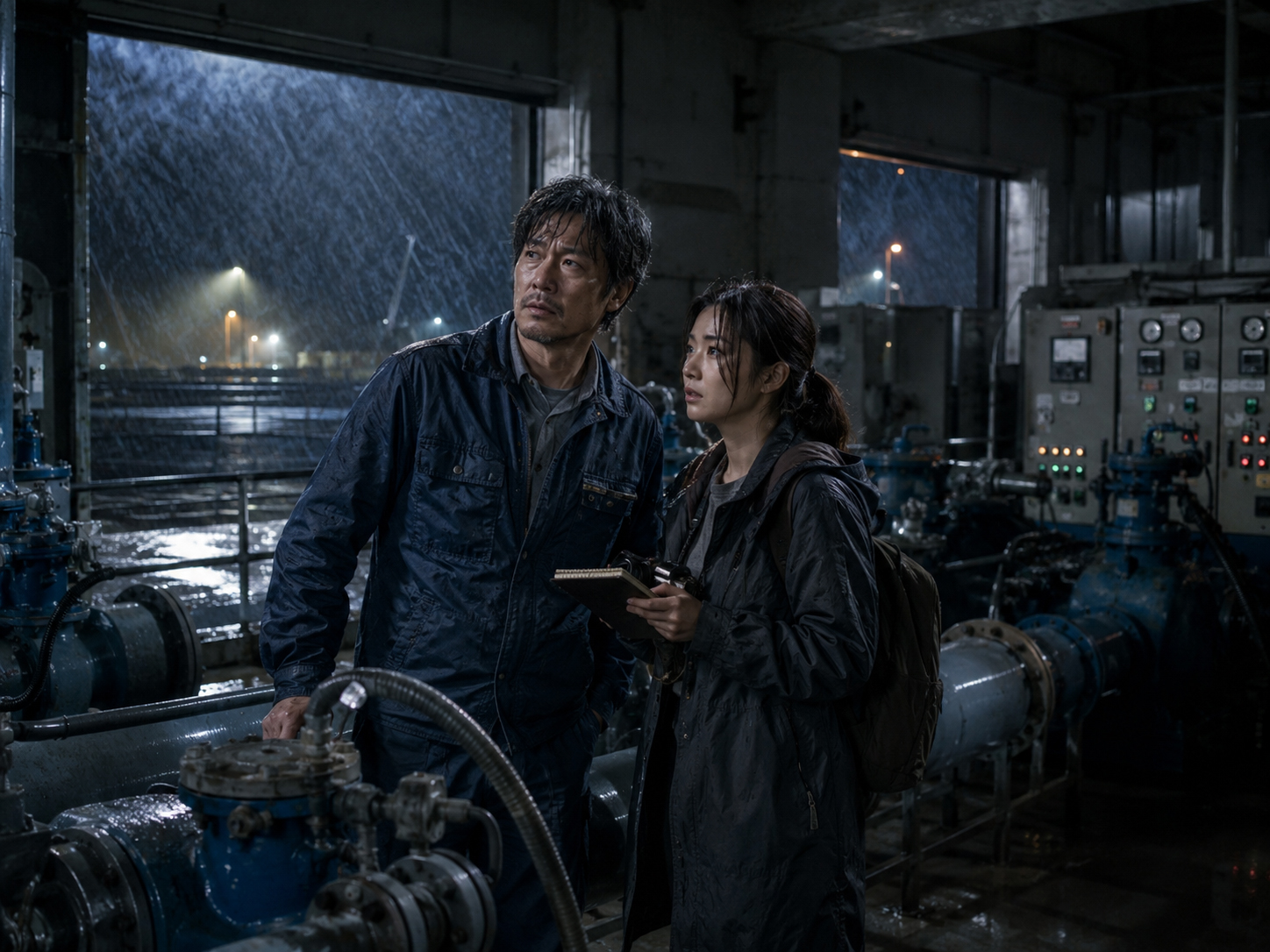 雨の夜、ポンプ室で電源を確認するヒロとアオイ