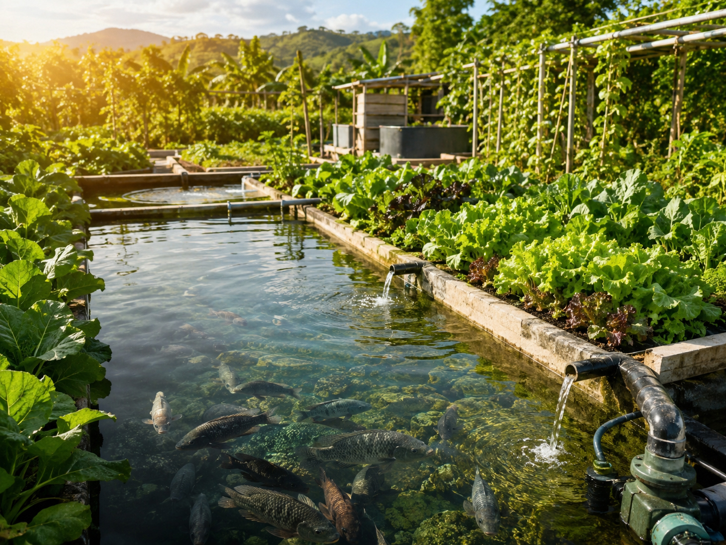 魚の養殖と野菜の栽培が水でつながっている