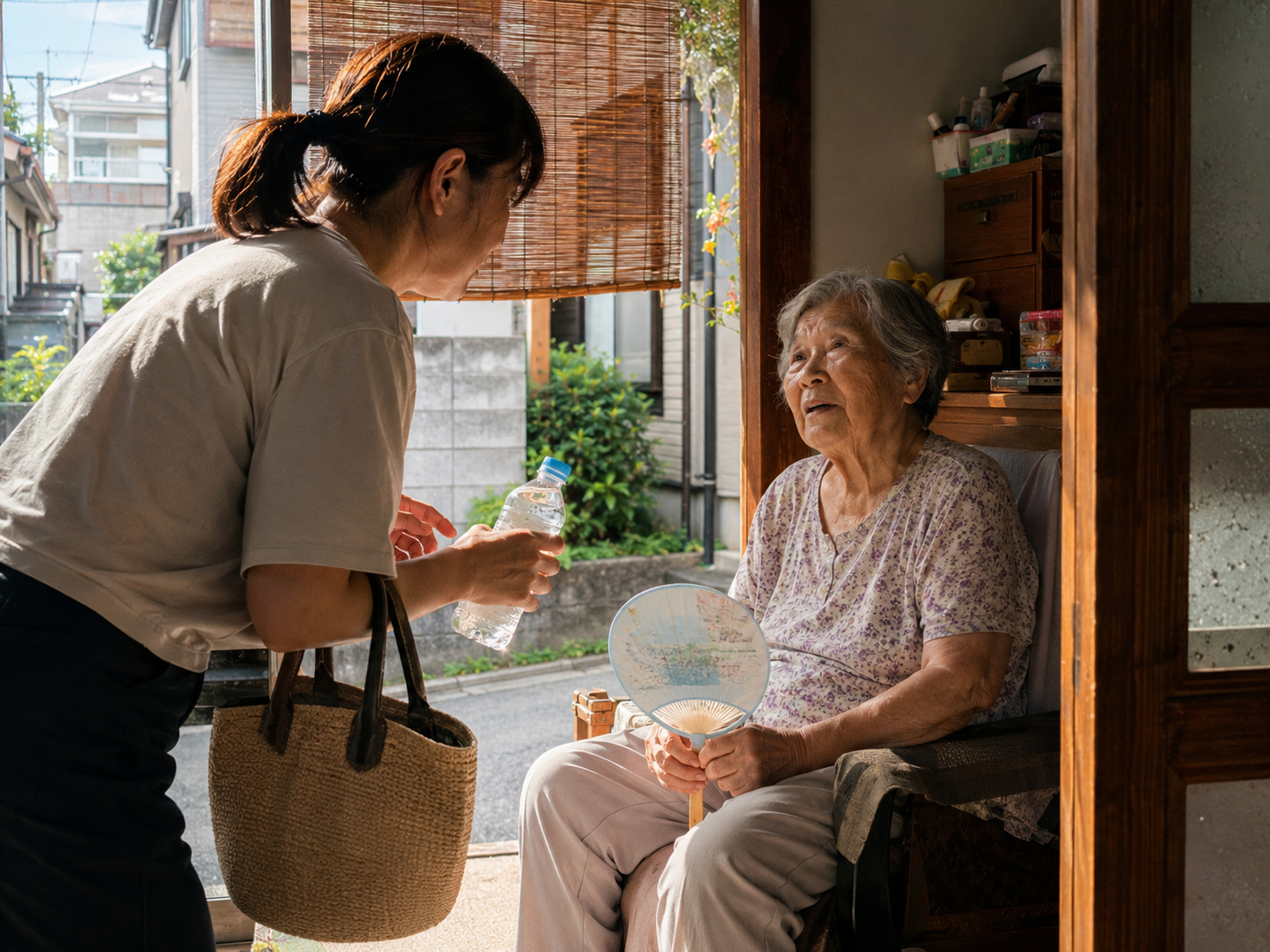 暑い日に近所の高齢者を見守る場面