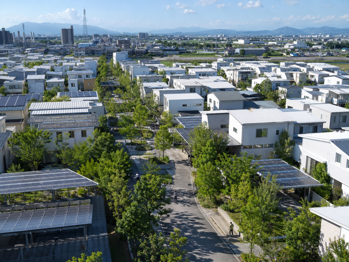 木陰、白い屋根、ソーラーキャノピーで涼しく設計された町の地図