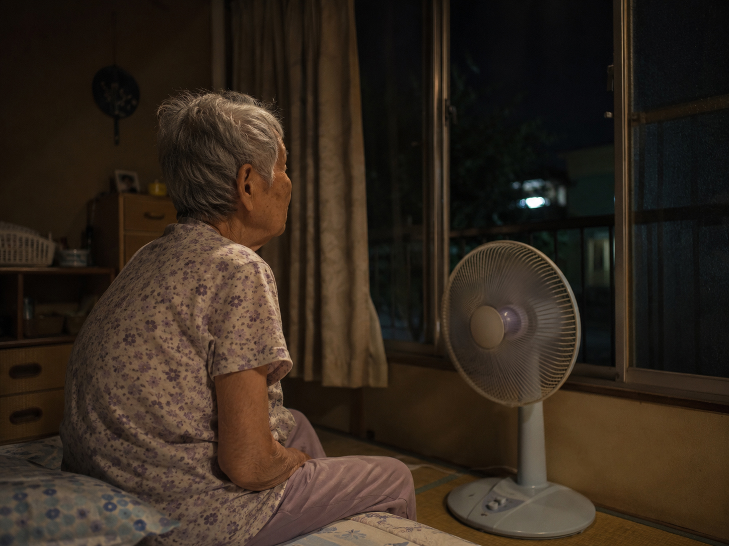 夜になっても暑い部屋で扇風機の前にいる高齢者