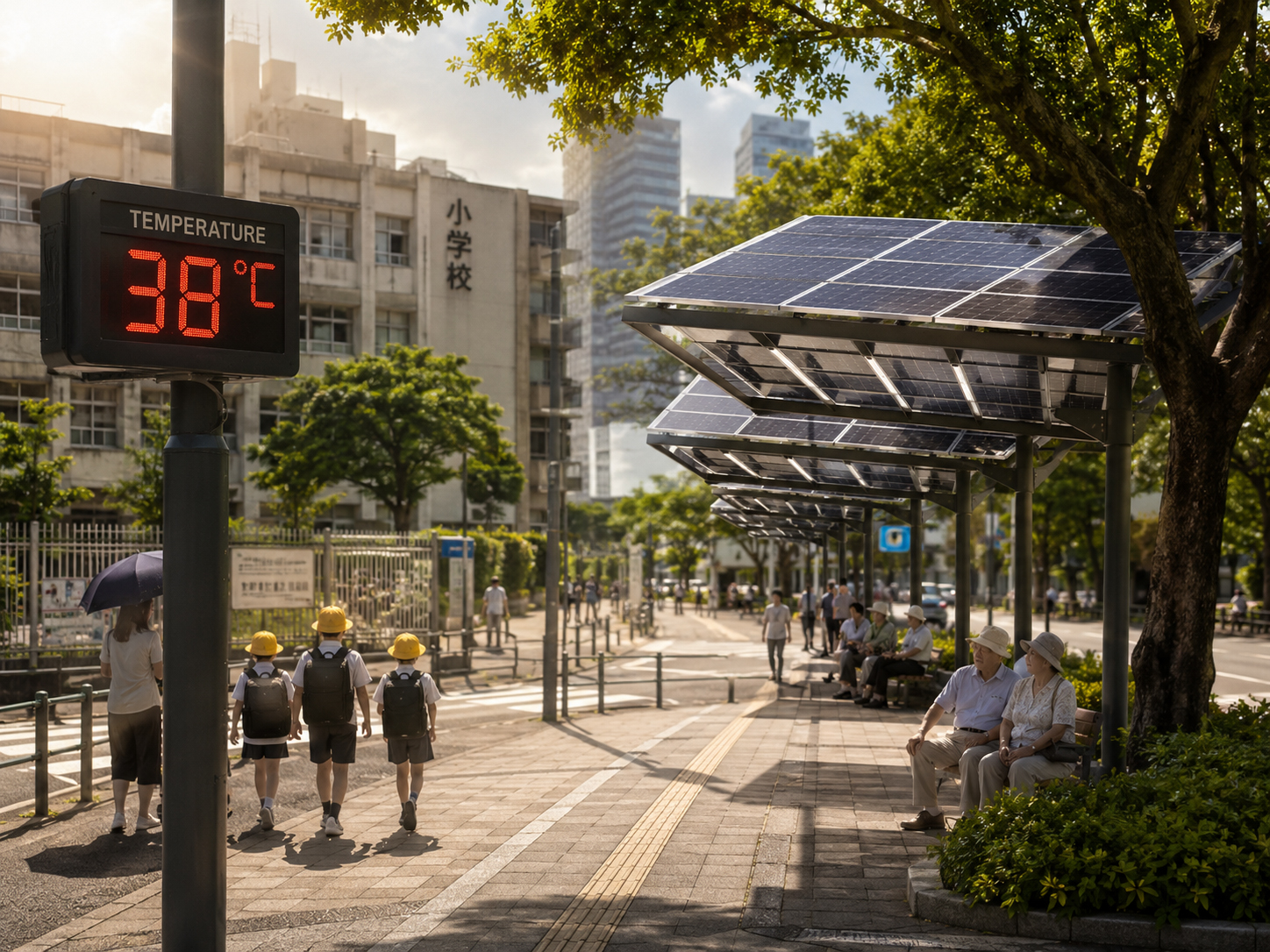 熱波の都市、学校、高齢者、太陽光の日陰