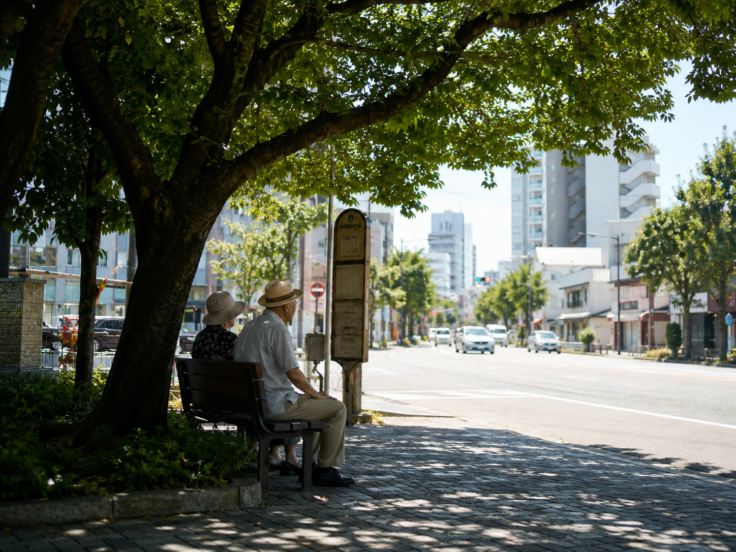 木陰のあるバス停で休む高齢者