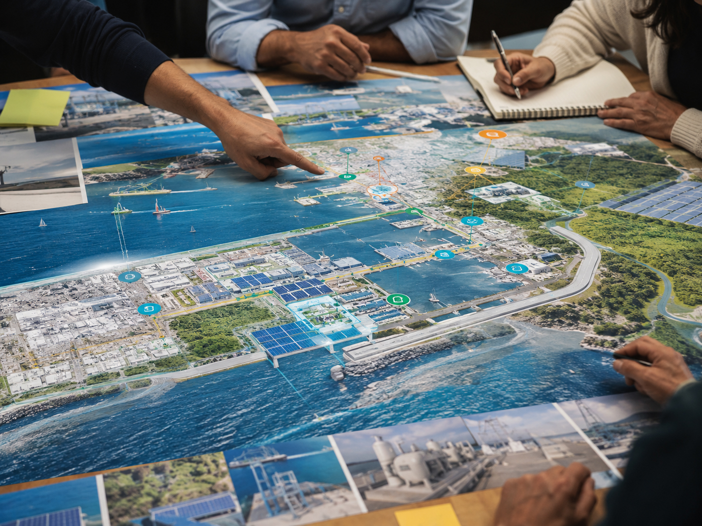 港、太陽光、ポンプ、避難路を示す海辺の町のレジリエンス地図