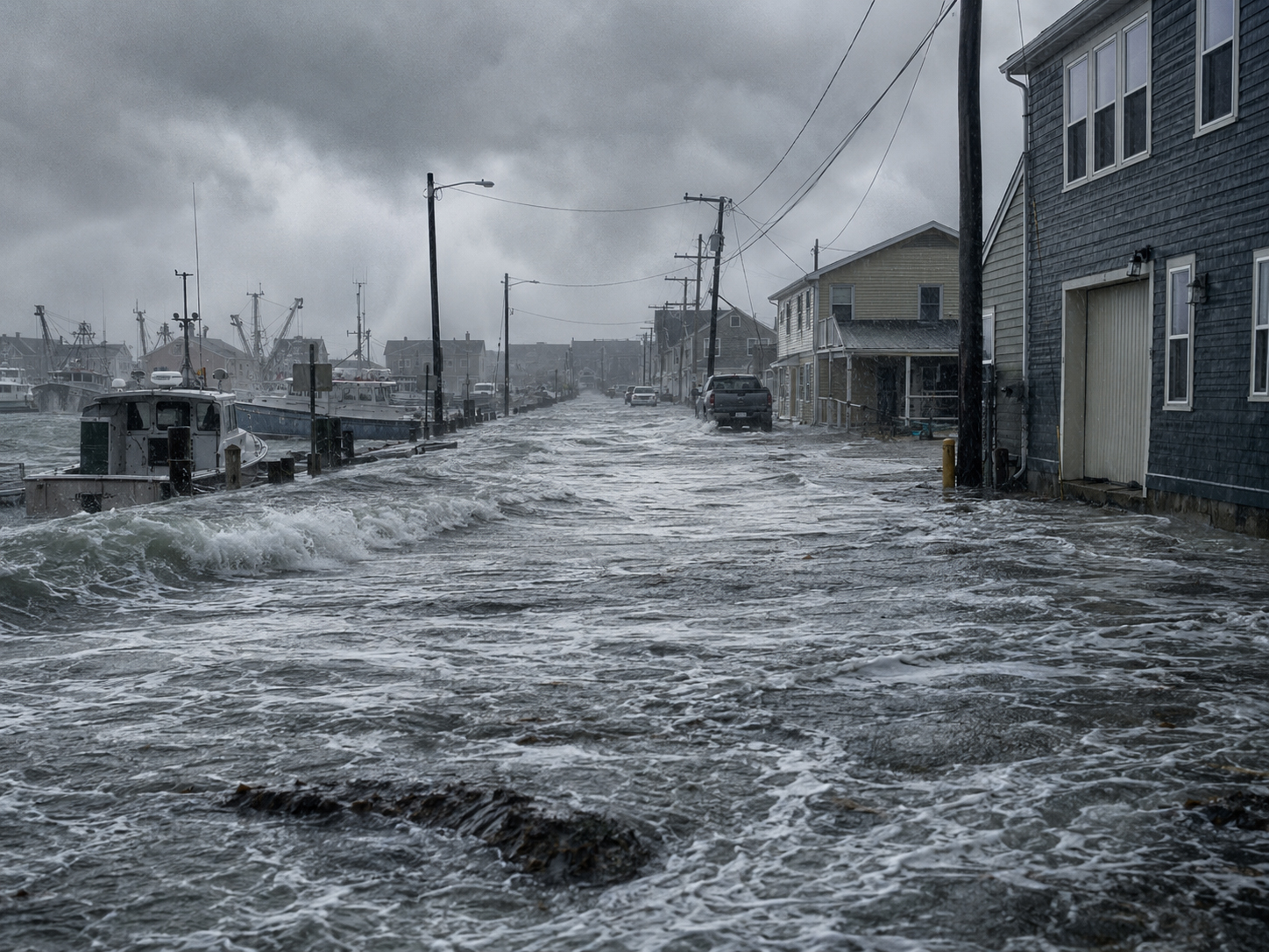 高潮と嵐で水が上がる港町の道路
