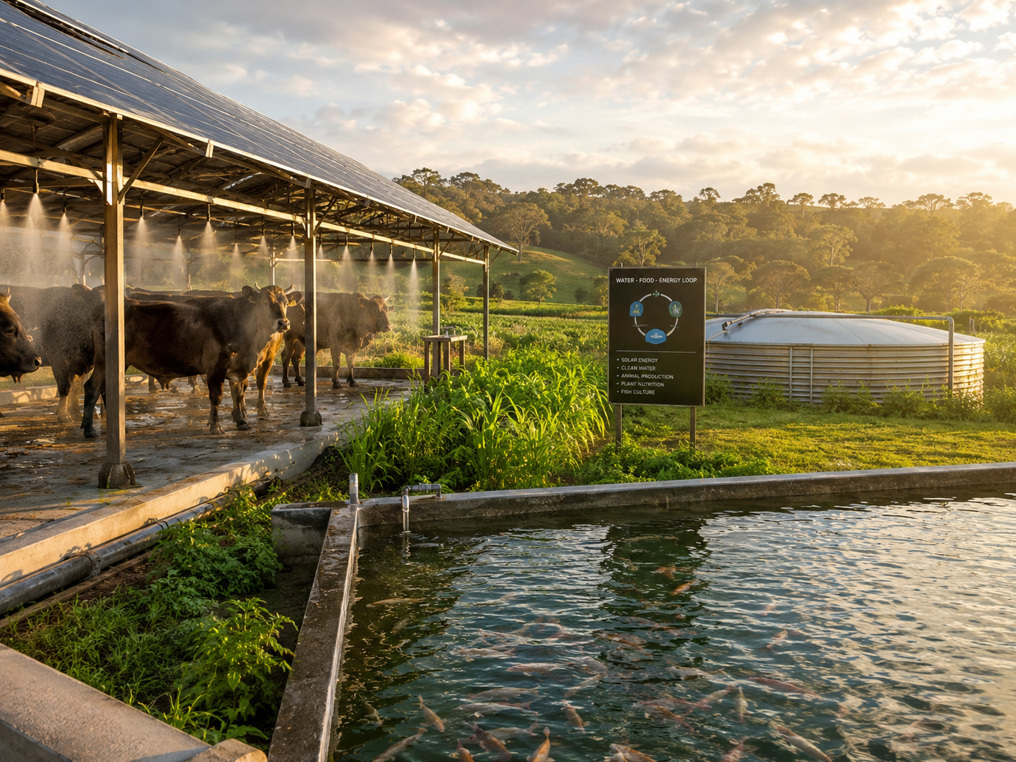 農場でミスト、養殖、牧草、水循環がつながる風景