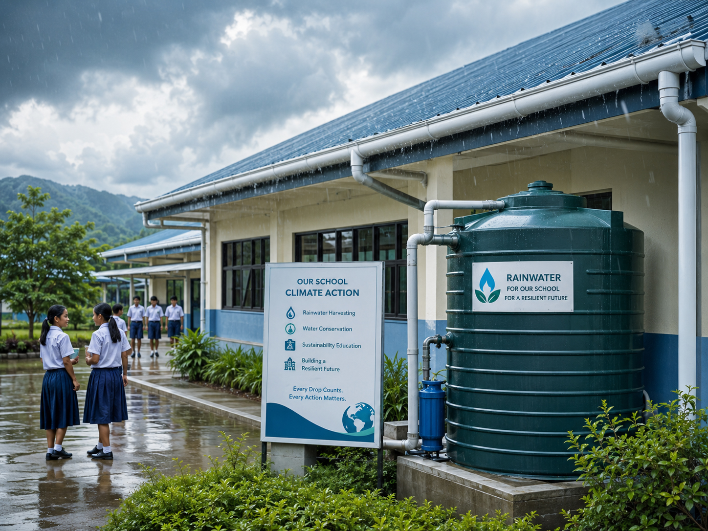 学校の屋根で雨水を集める仕組み