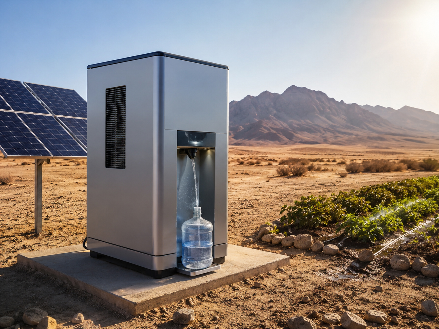 Atmospheric water generator powered by solar in a desert setting