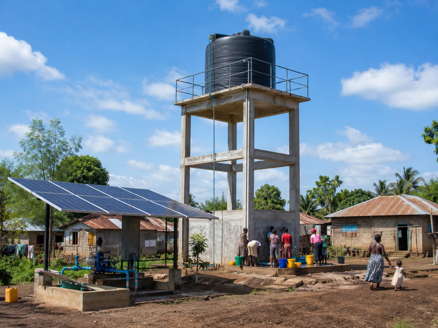 Community water tank powered by solar pump