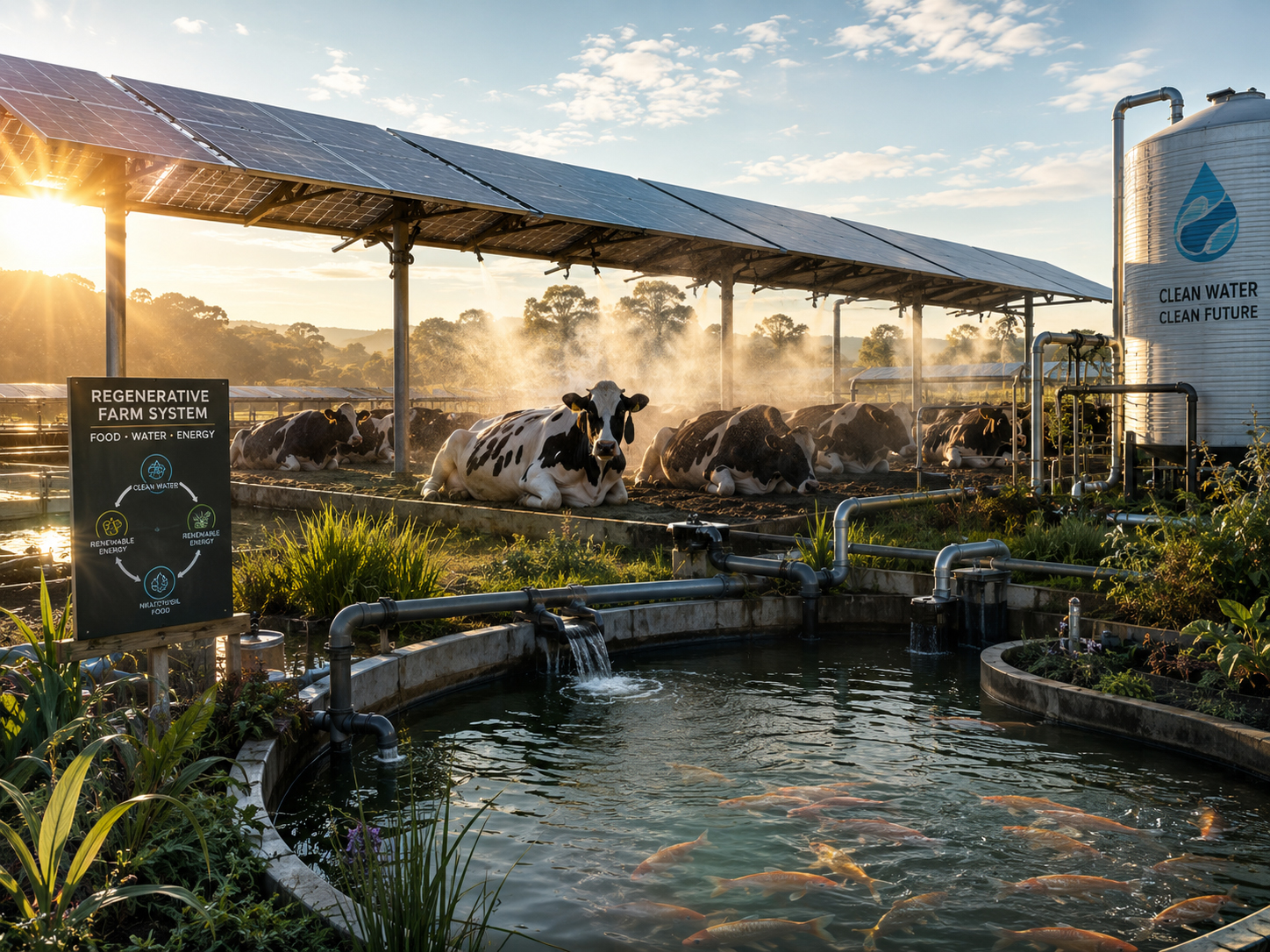 Farm water loop with misting, cows, fish, and irrigation